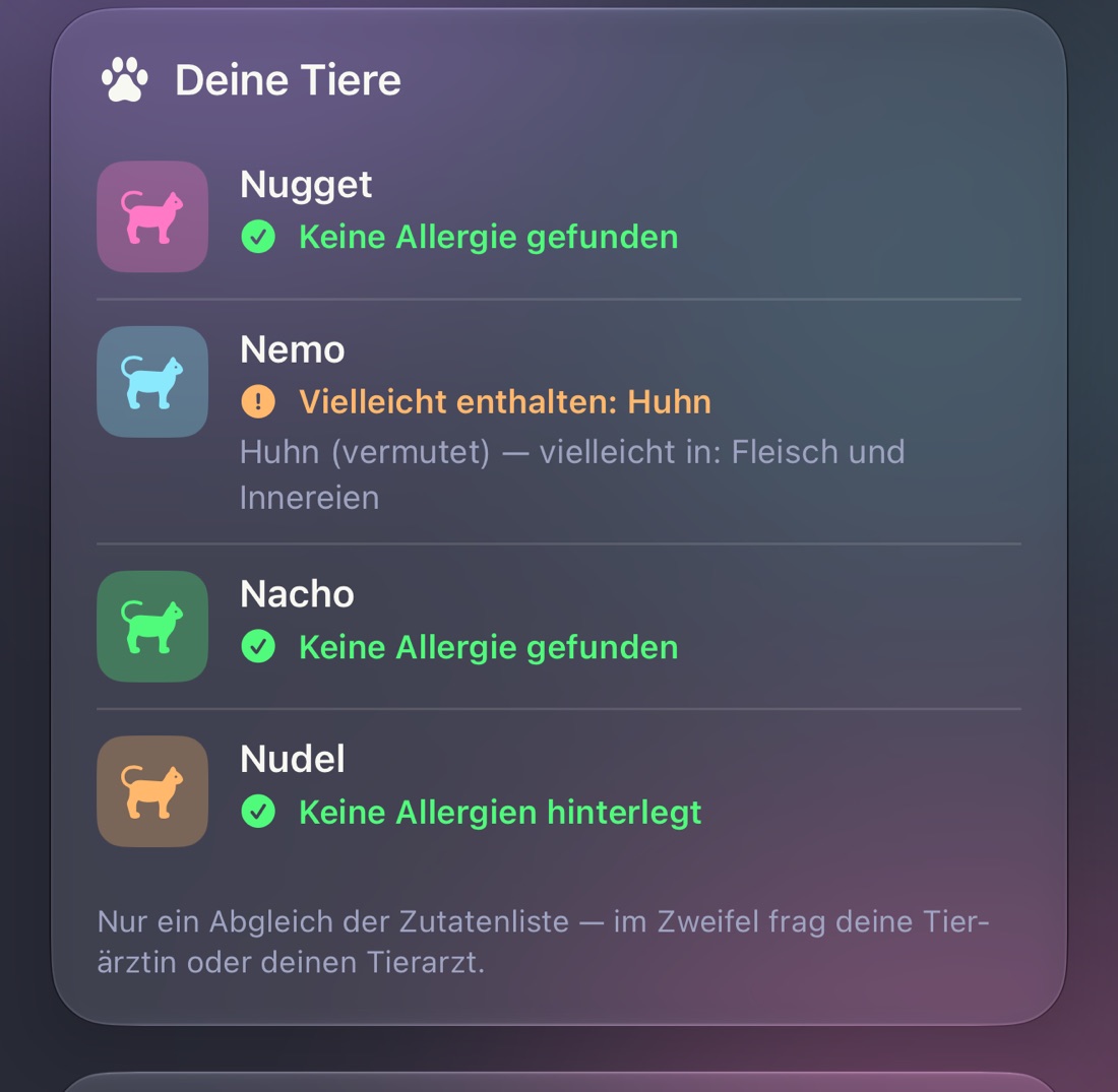 Allergie-Check in der App: für jedes Tier ein Ergebnis, bei einem Tier der Hinweis „Vielleicht enthalten: Huhn“