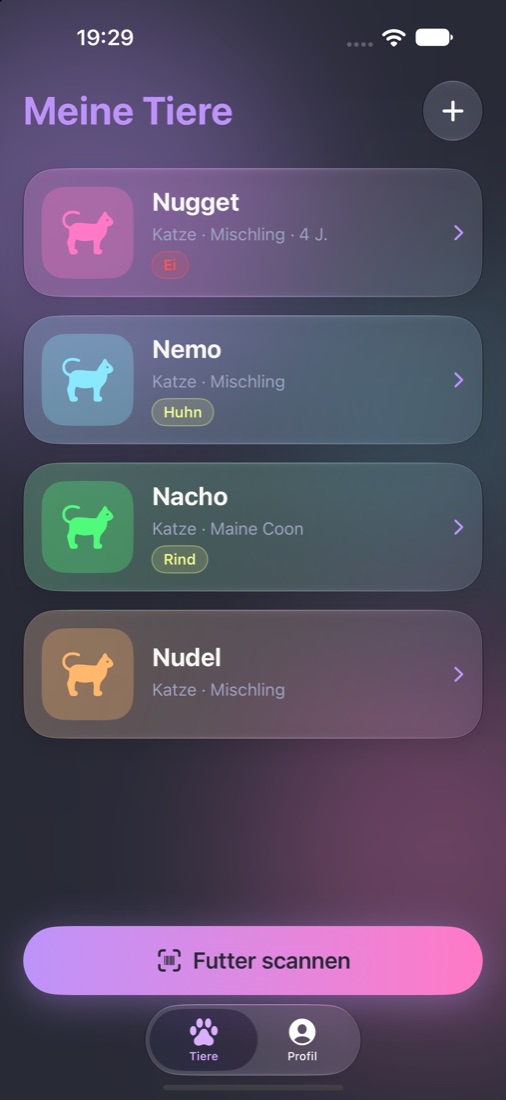 Die App KindredSouls: Liste „Meine Tiere“ mit vier Katzen und ihren Allergien
